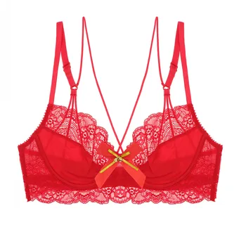 

Christmas red lace ultra-thin bra push up beauty back bra women's perspective breathable sexy see-through underwear CYHWR