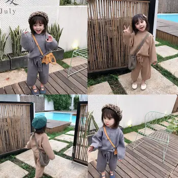 

Fall 2020 New Korean Version Girl Leisure Loose Core-spun Yarn Sweater Suit with wide legging for baby girls toddler baby cloth