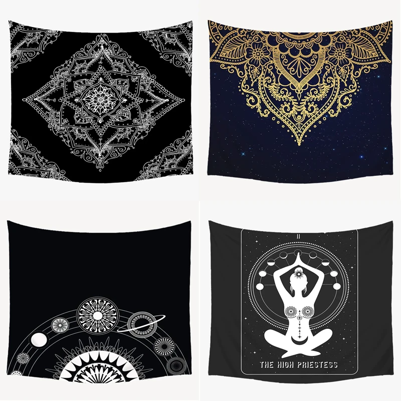 Indian Buddha Statue Meditation Tapestry Wall Hanging Black Mandala Tapestries Cloth Psychedelic Yoga Carpet Boho Decor | Дом и сад