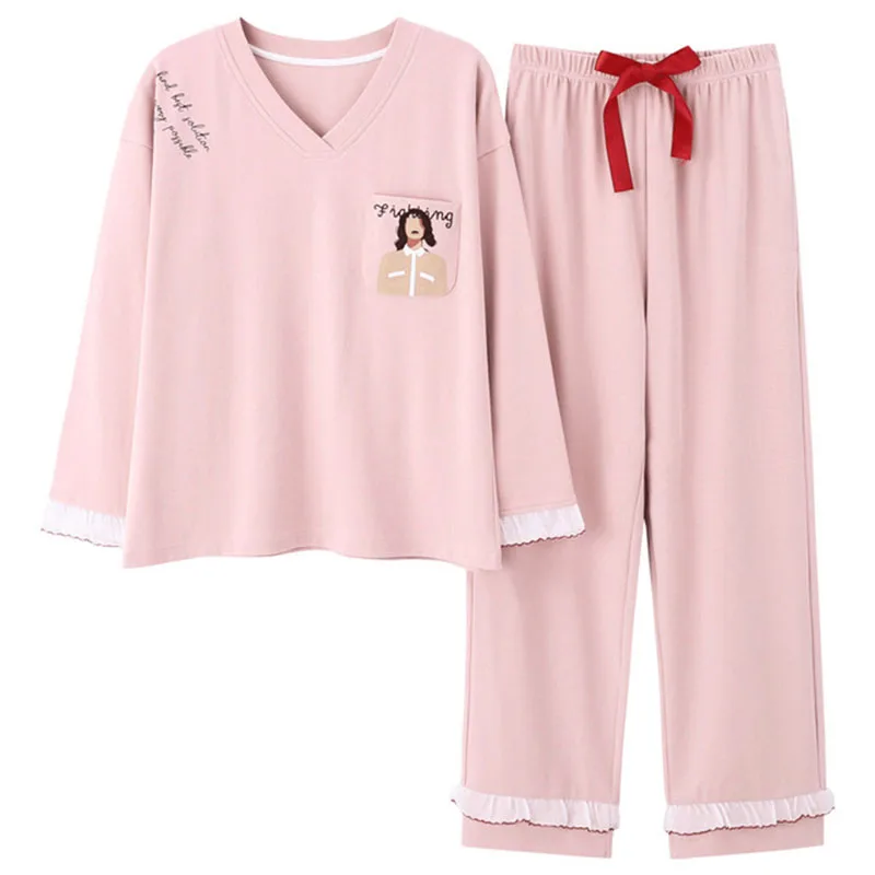 Autumn Women Comfortable Cotton Cute Pajama Set long Sleeve Sleepwear Suit Girl Print Pyjama Set Womens Nightshirt Sets