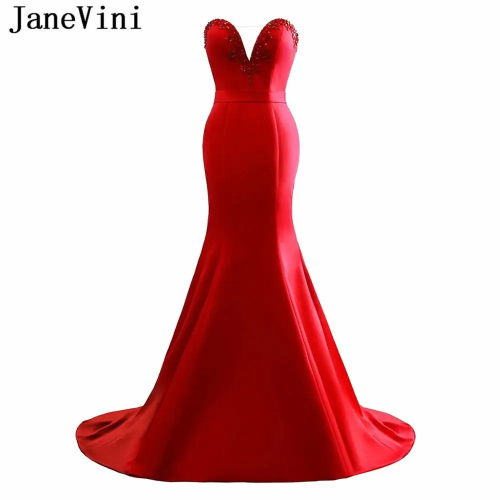 JaneVini Mermaid Women Sexy Prom Dresses 2019 Crystal Candy Color Satin Long Plus Size Evening Party Gowns Red robe de gala | Свадьбы и
