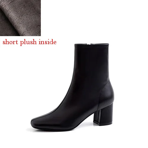 Брендовая обувь; женская обувь из натуральной кожи на молнии в западном стиле; однотонная обувь с квадратным носком; зимняя красивая обувь; растягивающиеся ботильоны; WMN10 muyisxi - Цвет: black short plush