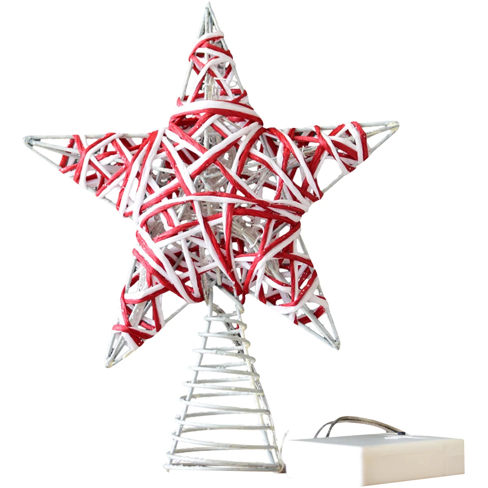 Small Tree Topper Star Luminous Treetop Pentagram Covered by Twine Shiny Christmas Tree Ornament for Home Party Warm White Light