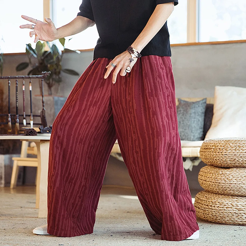 

Linen Oversized Vintage Men Floral Print Elastic Waist Harem Pants Autumn Linen Cotton Long Turnip Trousers Baggy Pantalon 2019