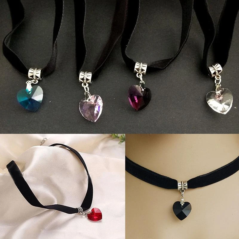 Punk Black Velvet Crystal Heart Pendant Gothic Choker Necklace Jewerly Necklaces 
