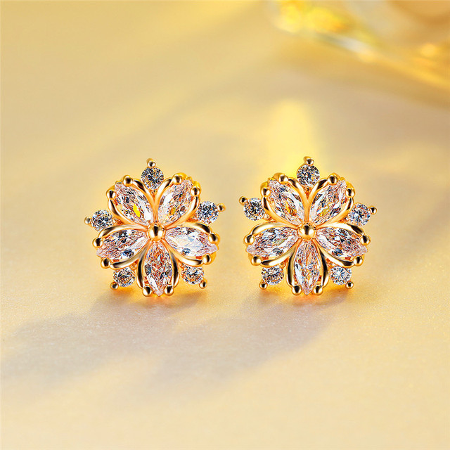 Female Pink Zircon Stone Earrings Gold Silver Color Wedding Earrings Jewelry Cute Flower Small Stud Earrings For Women