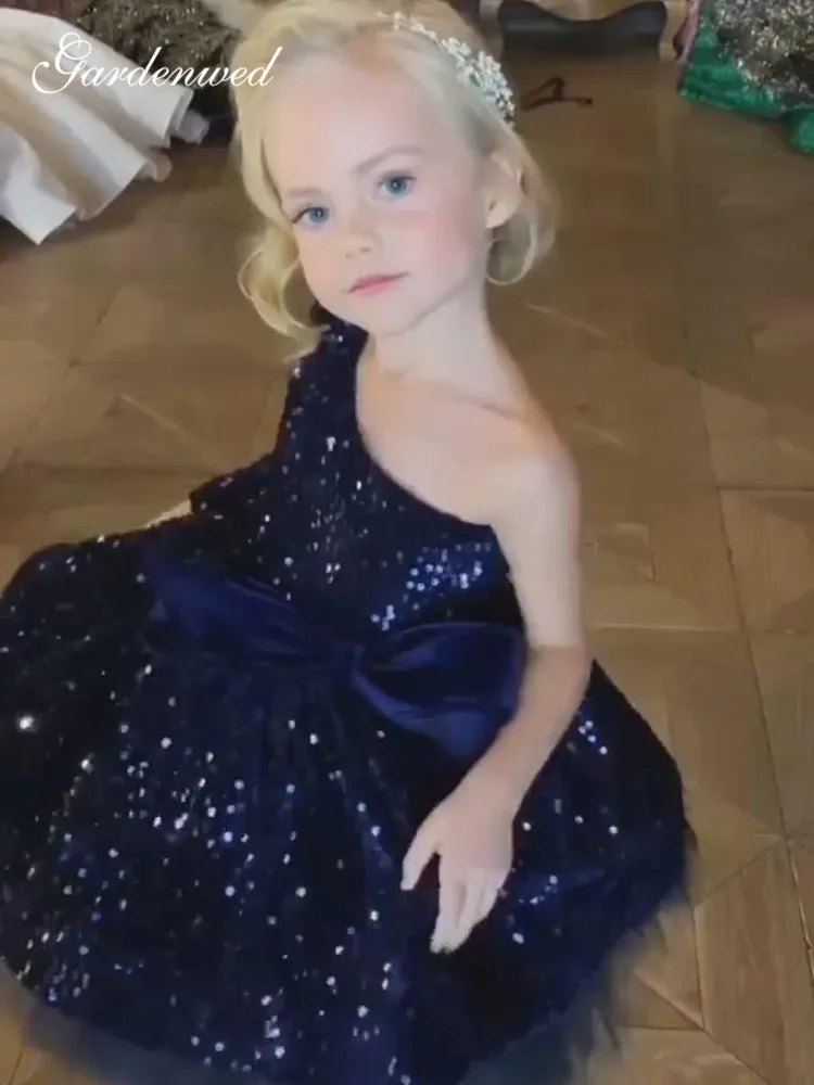 Kids Glitter Sequin Lace Flower Girl Dresses Puffy Royal Blue Big Bow Communion Dresses One Shoulder Kids Baby Prom Gowns