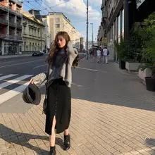Осень-зима, толстая женская вязаная юбка с разрезом спереди, однобортная, в бедрах, посылка, женская элегантная юбка