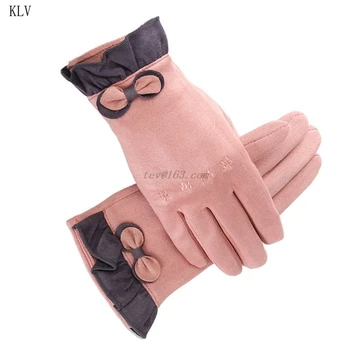

Women Faux Suede Bow Gloves Windproof Thermal Winter Thicken Mittens Touchscreen Glove