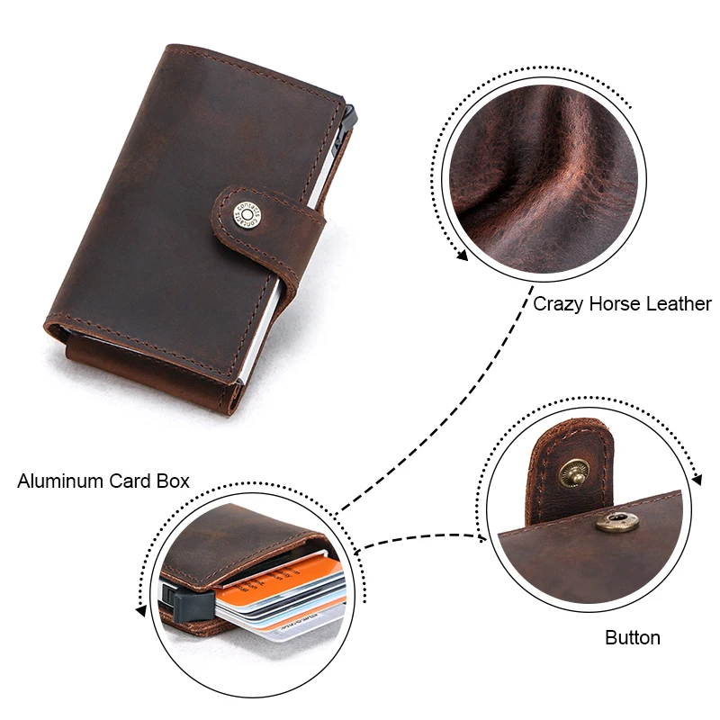 CONTACT'S RFID Blocking Crazy Horse Leather Men Wallet Credit Card Holder Aluminium Box for Men Women Automatic Pop Up Card Case