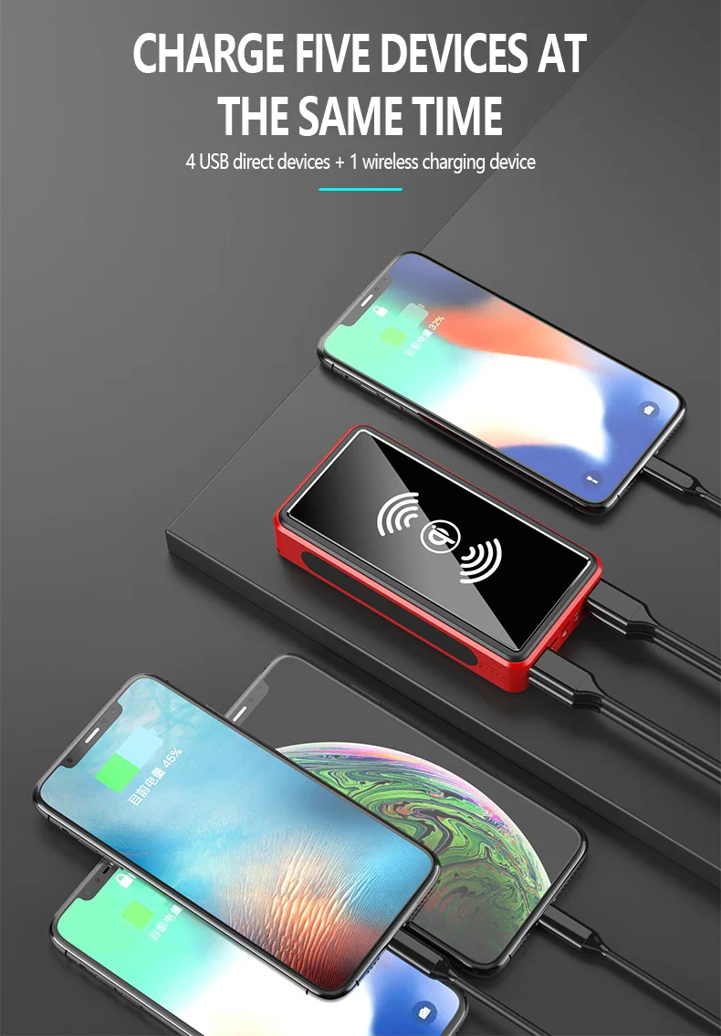 50000mAh Wireless Solar Power Bank External Battery Portable Powerbank 2USB Fast Charging for iPad iPhone Samsung Huawei