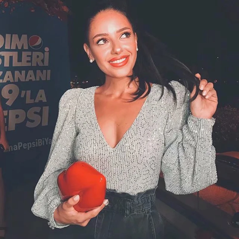 Женская Серебристая блузка Za расшитая блестками с глубоким v образным вырезом