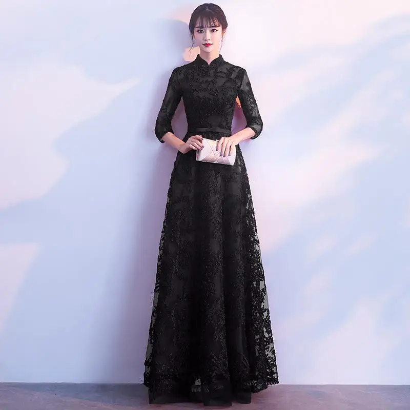 Невесты чонсам, Восточный стиль женские свадебные Qipao короткий рукав вечерние платье элегантный в китайском стиле длинный халат; Одежда для девочек; Vestido XS-XXXL - Цвет: G - Black