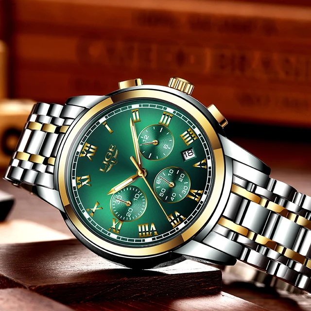 LIGE Top Brand Luxury Green Fashion Chronograph Male Sport Waterproof Clock 4