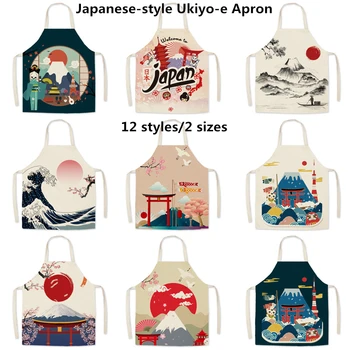 

Japanese Style Ukiyo-e Cotton And Linen Apron Mount Fuji Home Kitchen Oil-Proof Parent-child Apron 65x75cm/45x56cm G0706