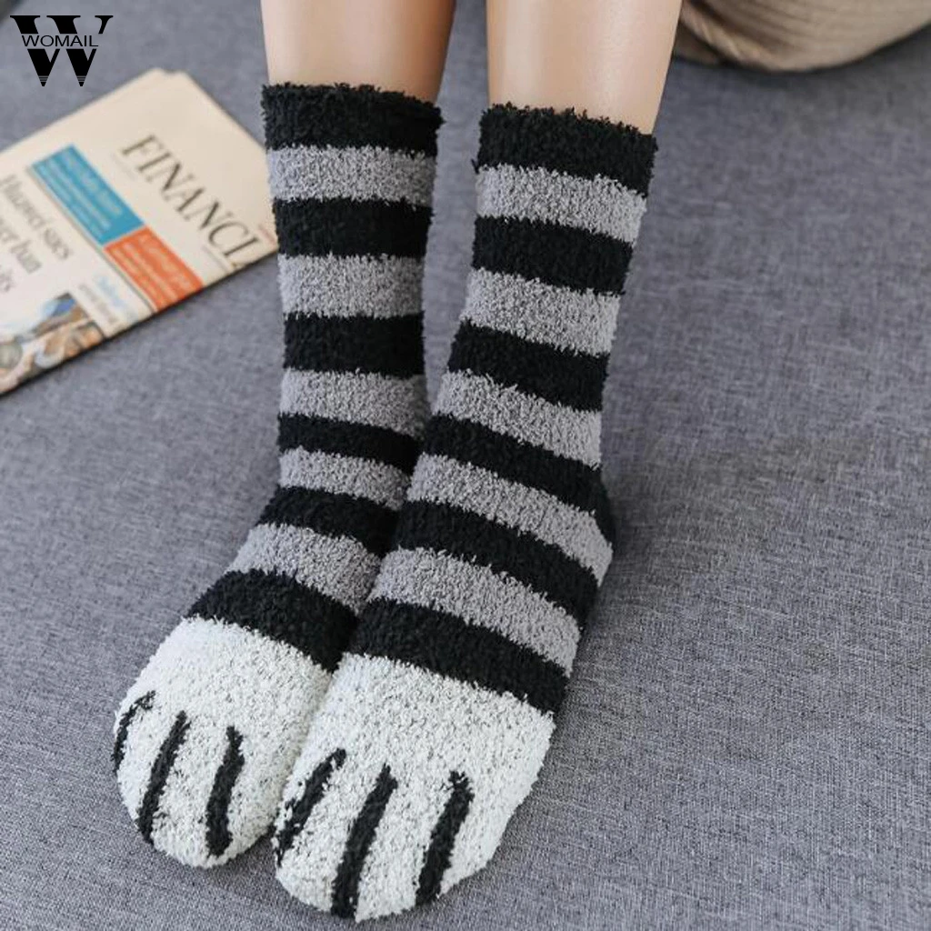 Womail, женские Зимние коралловые домашние носки с принтом в виде лап кота, теплые бархатные носки для сна, носки-Тапочки