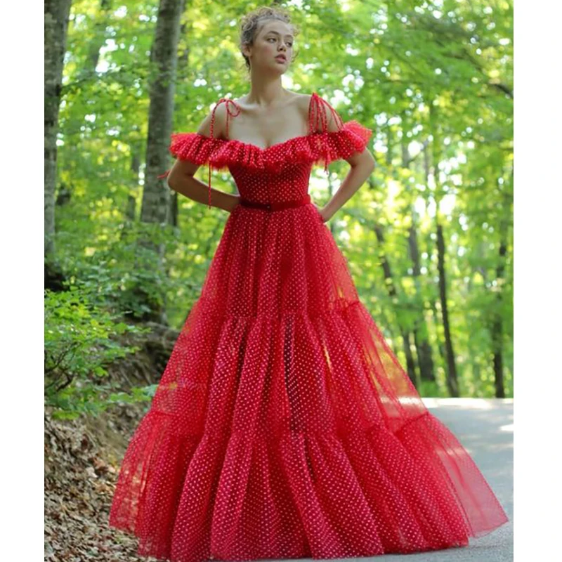 

Verngo A Line Evening Dress Red Elegant Point Tulle Formal dress long Boho Prom Party Gowns Abiye Gece Elbisesi