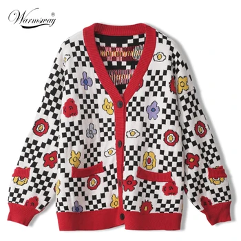 

Fall Winter Thick Warm Knit Cardigan Flowers V-Neck Button Oversize Female Clothes Long Sleeve Women Sweater Christmas C-247