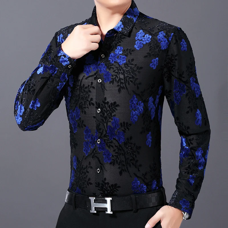 Spring Autumn Men Silk Velvet Hollow Long Sleeve Casual Sexy Floral Party Transparent Shirt Slim Fit