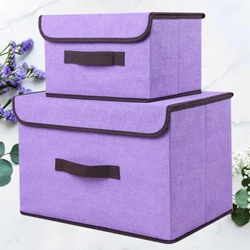 

1 Set of 2pcs Clothes Storage Box Linen Foldable Storage Bags Multifuction Clothing Organizer Storage Bags with a Lid (PurpleLa