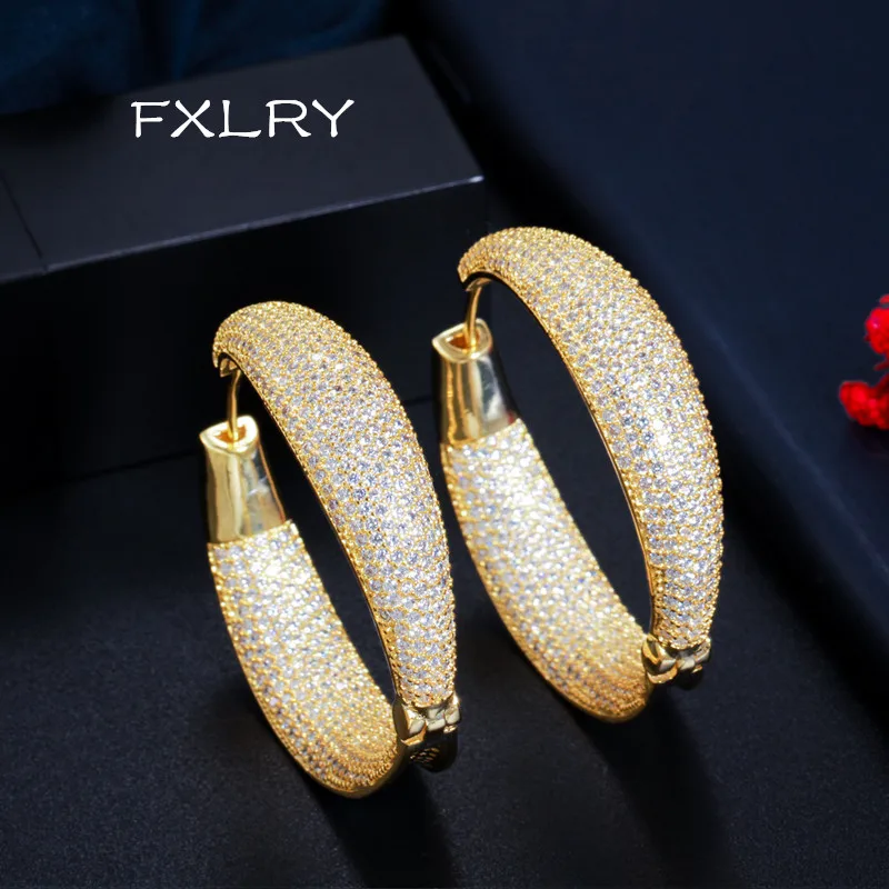 

FXLRY gorgeous micro inlaid zircon big shinning luxury exaggerated women's hoop earrings Bridal Wedding jewelry