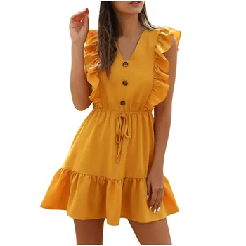 

Summer Mini Beach Dress Women Casual V Neck Solid Color Sleeveless Sexy Dress Ladies Ruffled Button Party Dresses Vestidos