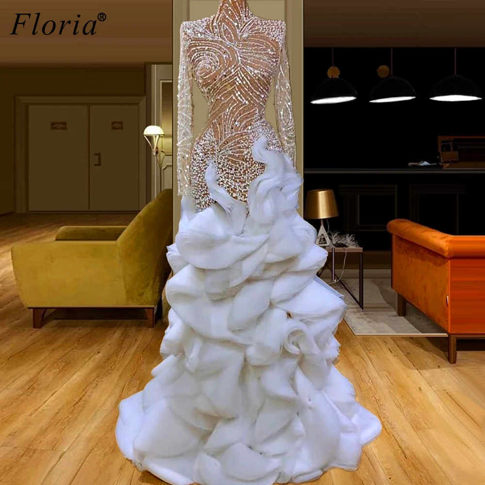 

Luxury Illusion Prom Dresses 2020 Long Sleeves Tired Dubai Evening Dresses Women Beading Celebrity Dresses Wedding Party Gowns