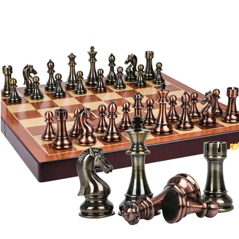 Metal Chess Set High-grade Gift Travel International Chess Game Folding Wooden Mold Chessboard Kirsite Chess Pieces Chessman I60