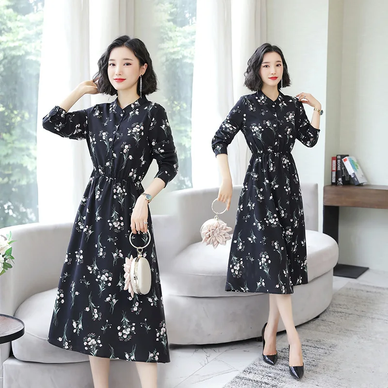 

Early Autumn Floral Dress Women's Thin Type for Spring And Autumn Chiffon 2019 Waist Hugging Slimming Long Sleeve Black And Long