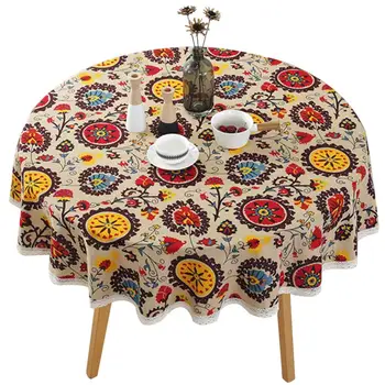 

Creative Classical Style Boho Tablecloth Round Floral Washable Tablecloth Table Cover With Lace Edge For Home