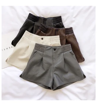 

New Autumn Winter Women PU Leather Shorts All-match Elastic High Waist Wide Leg Shorts Students Faux Leather Shorts Casual