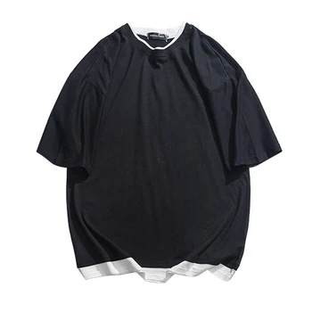 

Fake Two-pieces Color Block Loose Funny T Shirts Unisex 100% Cotton Summer Punk Contrast Color Casual T Shirt Men Youth Custom