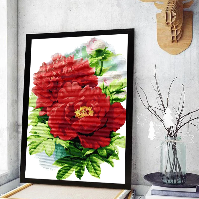 

Red peony flower DIY cross stitch kit flower handmade embroidery 14CT and 11CT embroidery crafts home cloth decoration painting