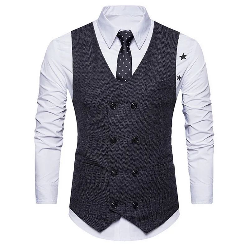 Puimentiua Men Spring Autumn Men's Fashion Vintage Double-breasted Suit Vest New Sleeveless Business Party Slim Fit Waistcoat