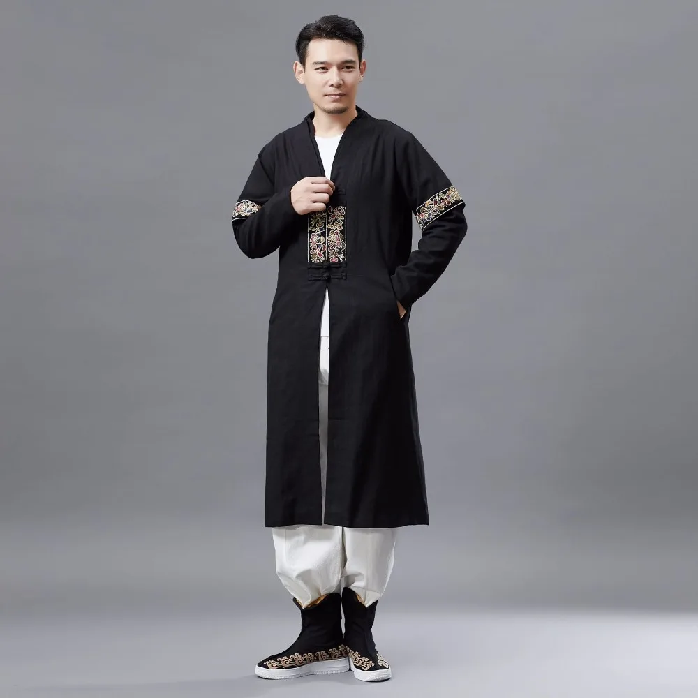 LZJN 2019 Men Autumn Trench Coat Cotton Linen Longline Long Sleeve Jacket Chinese Frog Buttons Outfit Overcoat with Pockets (19)