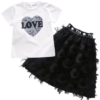 

2020 Girls Skirt Set Kids Clothing SuitTeen Girls 2 Pcs White Heart Print T-Shirt + Skirts Clothes For Girls 12 Years Old skirts