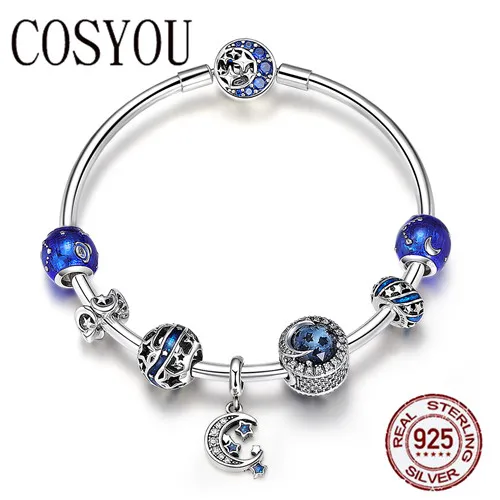 

COSYOU Authentic 925 Sterling Silver Sparkling Star and Moon Blue Enamel Bracelets & Bangles for Women Silver Jewelry SCB801
