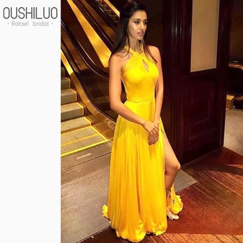 

Yellow Chiffon A Line Prom Dresses Party Wear Custom Made Halter key Hole Neck High Side Split Sleeveless Sweep Train Customized