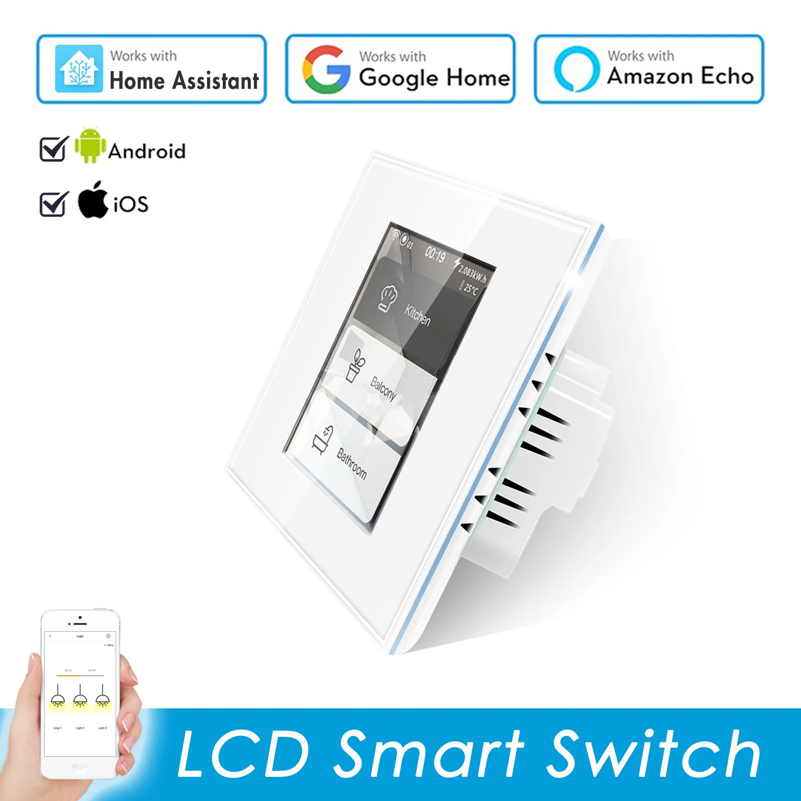 LCD Wifi Smart Wall Touch Light Switch Home Assistant, also Work with Alexa Google Home US EU