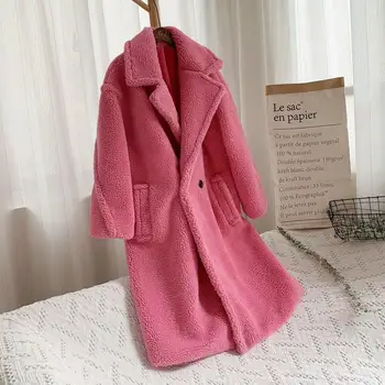 

Winter 2019 Pink Long Teddy Coat Thick Warm Oversized Chunky Overcoat Women Turn-Down Collar Faux Lambswool Fur Outerwear