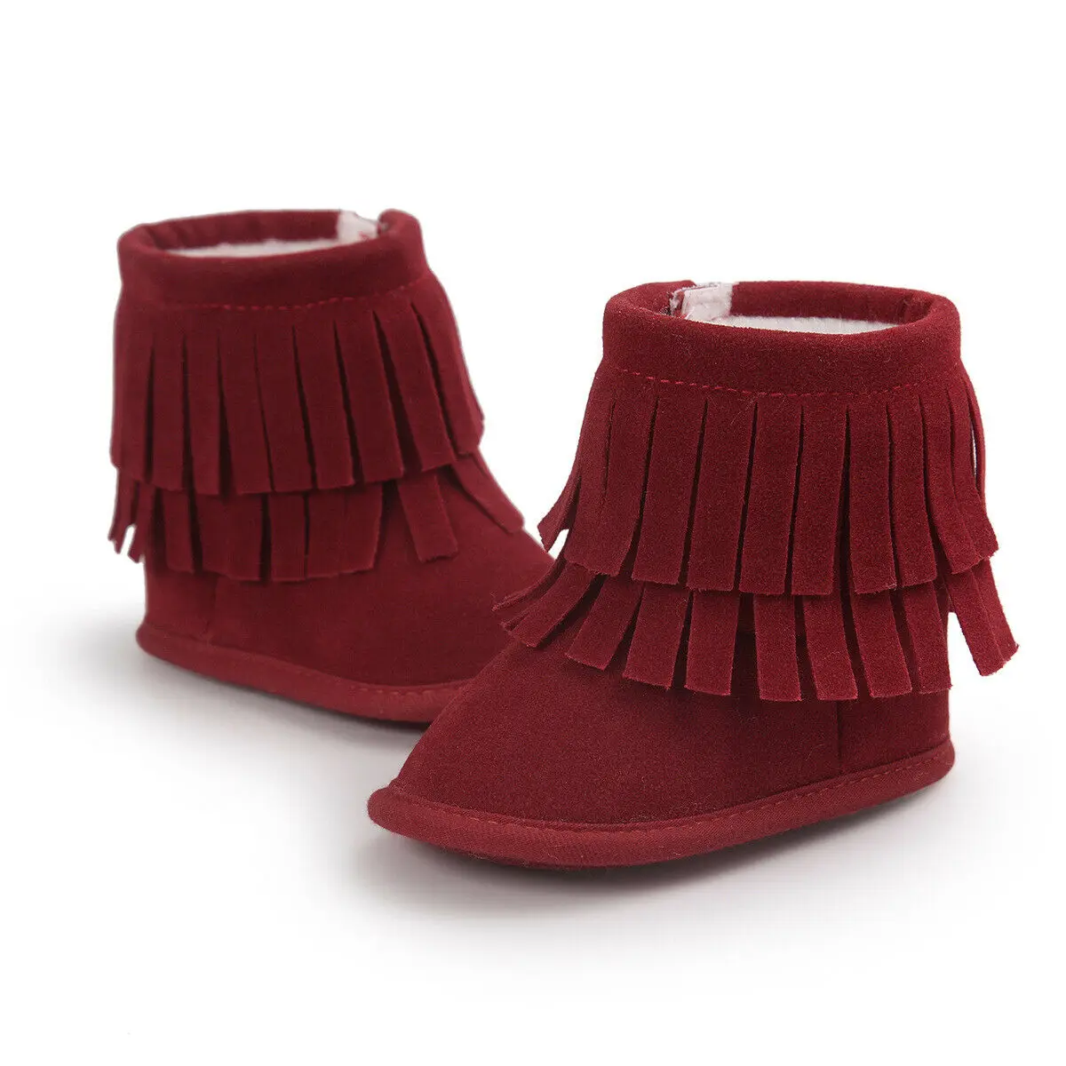 Новорожденный Одежда для детей; малышей; девочек мальчиков сапоги-снегоходы ботинки с бахромой; обувь с ремешком, зимняя мягкая подошва кроватки плюшевые сапоги - Цвет: Красный