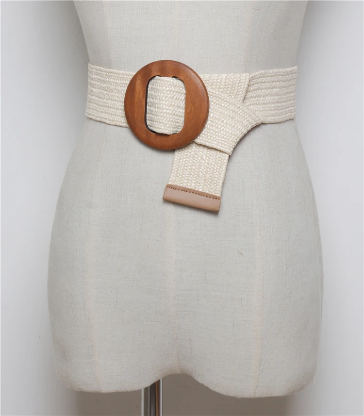 Round buckle White 1 Новинка, винтажная вязаная Вощеная Веревка, деревянная бусина, поясная веревка, Женский гладкий ремень с пряжкой, Женский тканый эластичный плетеный ремень - Цвет: Round buckle White 1
