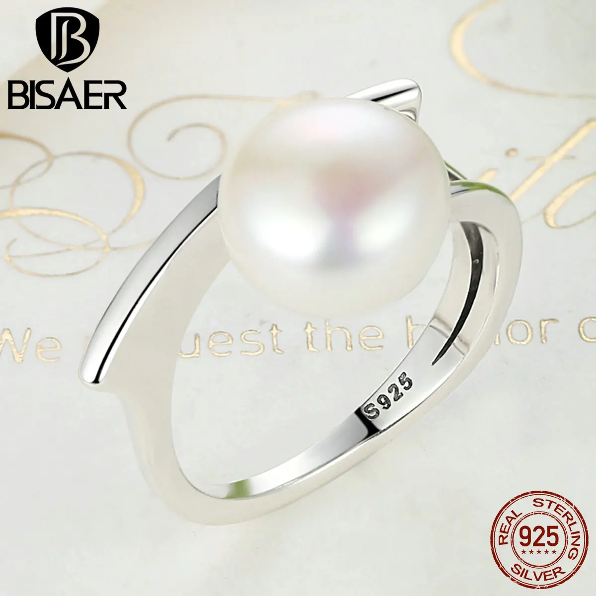 BISAER, настоящее 925 пробы Серебряное женское кольцо с пресноводным культивированным жемчугом, Женское Обручальное кольцо, обручальное кольцо, ювелирное изделие, S925