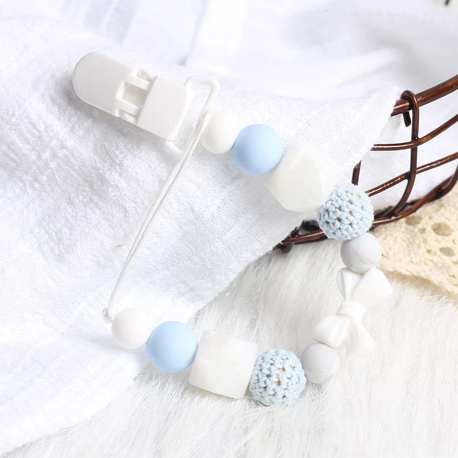 Детские зажимы для сосок из пищевого силикона с мультяшными рисунками, деревянная детская пустышка с зажимом, держатель для сосок, браслет, цепочка для сосок - Color: white