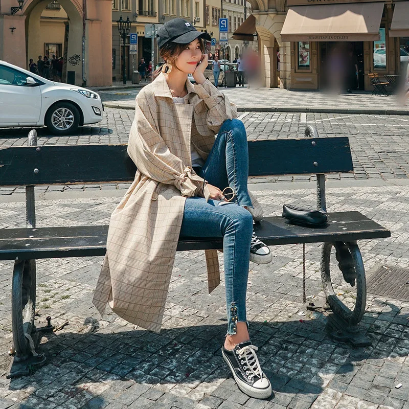 

Photo Shoot waitmore Plaid Trench Coat Women's Mid-length 2019 Spring And Autumn New Style Korean-style Loose Thin Coat Fashion