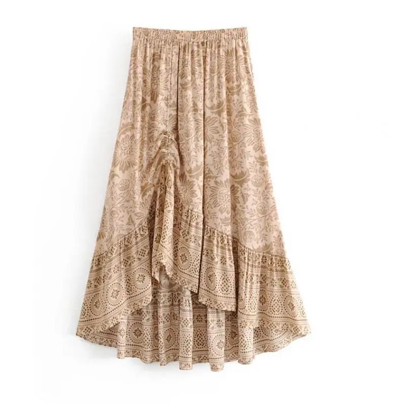 Ginger Boho винтажная шикарная Длинная женская юбка с имбирным цветочным принтом, модная плиссированная летняя пляжная юбка с эластичной талией, Повседневная Saia W8373 - Цвет: Ginger