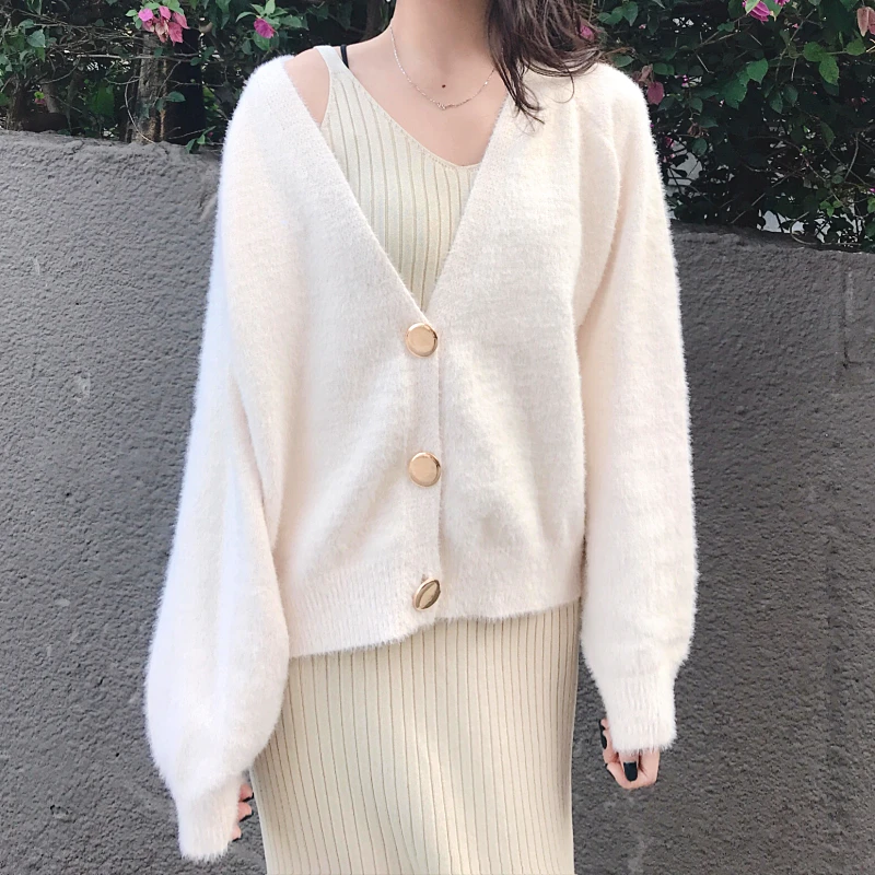 

Faux Mink V-Neck Cardigan Women Solid Elegant Knitted Jacket 2019 Autumn Winter Outerwear Loose Clothes Pull Femme Kardigan