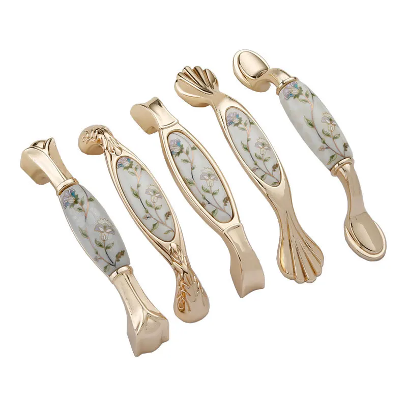 

European Golden Zinc Alloy Doorknobs Ceramic Decoration Wardrobe Drawer Handle Shoe Cabinet Door Handle Furniture Hardware