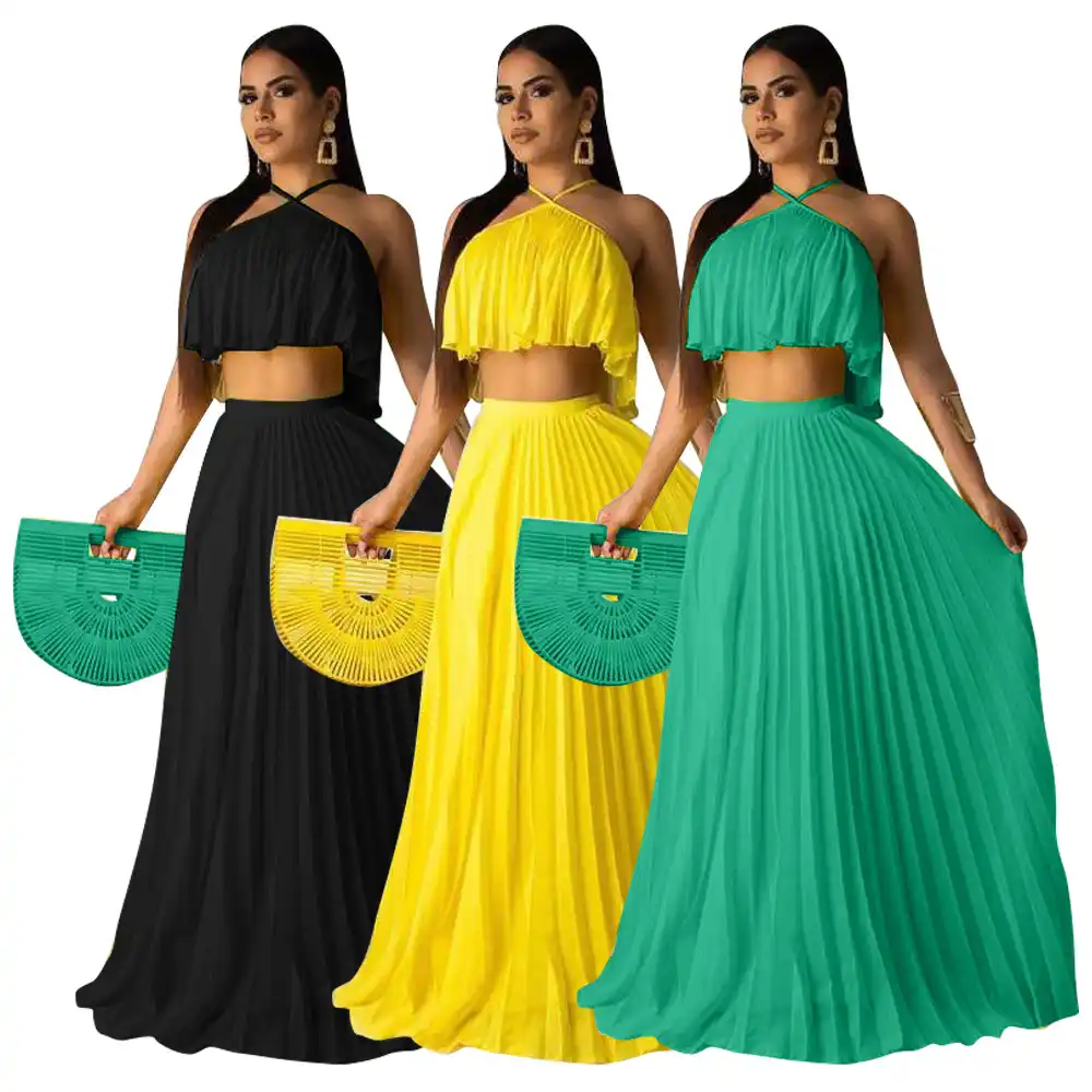 yellow top and green skirt