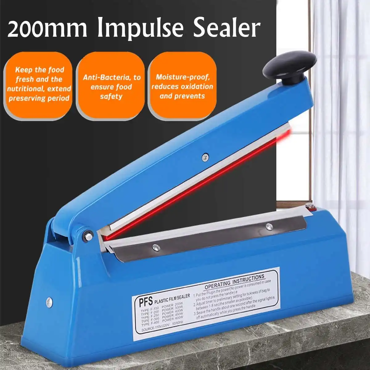 

200mm Impulse Sealer Heat Sealing Machine Kitchen Food Sealer Vacuum Bag Sealer Plastic Bag Packing Tools 220V 300W